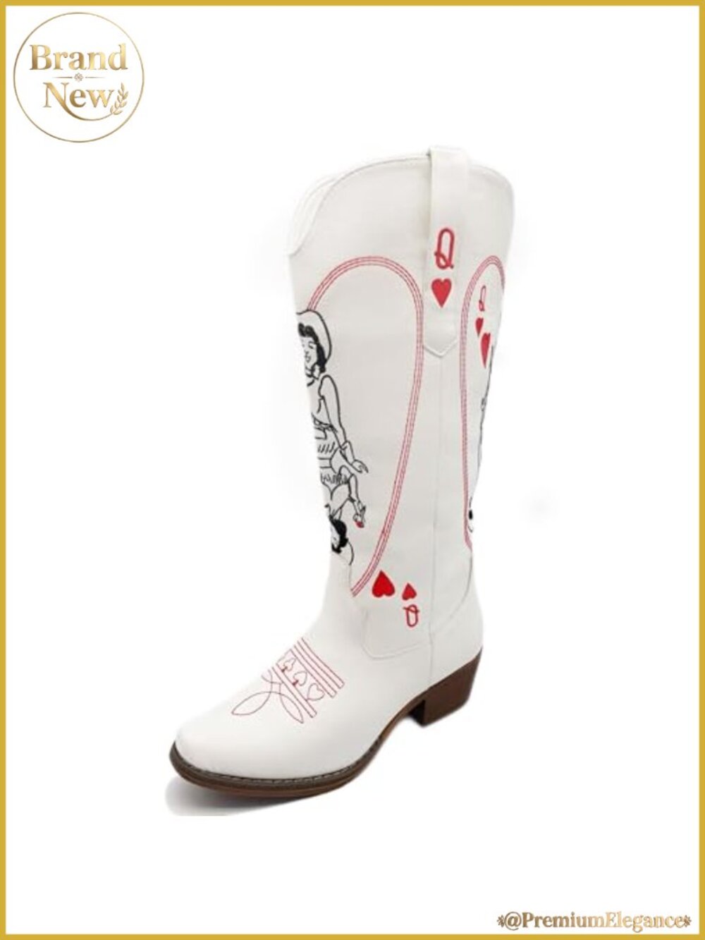 Faux Leather Western Cowgirl Boots Embroidered Slip-On Mid-Calf